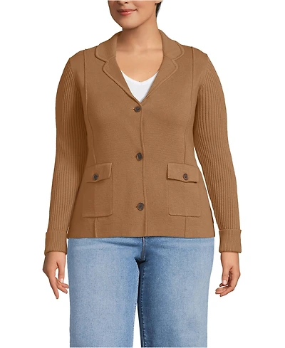 Lands' End Women's Plus Drifter Ribbed Collared Blazer Sweater