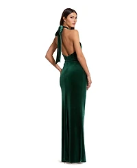 Mac Duggal Women's Twist Neck Open Front Velvet Draped Gown