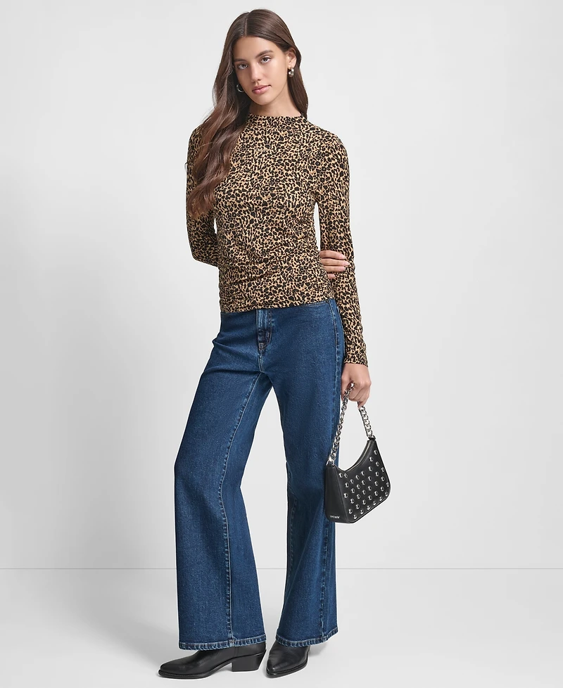 Dkny Jeans Women's Side Ruched High Neck Long Sleeve Top With Rhinestud Logo