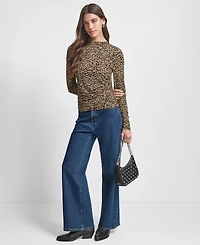 Dkny Jeans Women's Side Ruched High Neck Long Sleeve Top With Rhinestud Logo