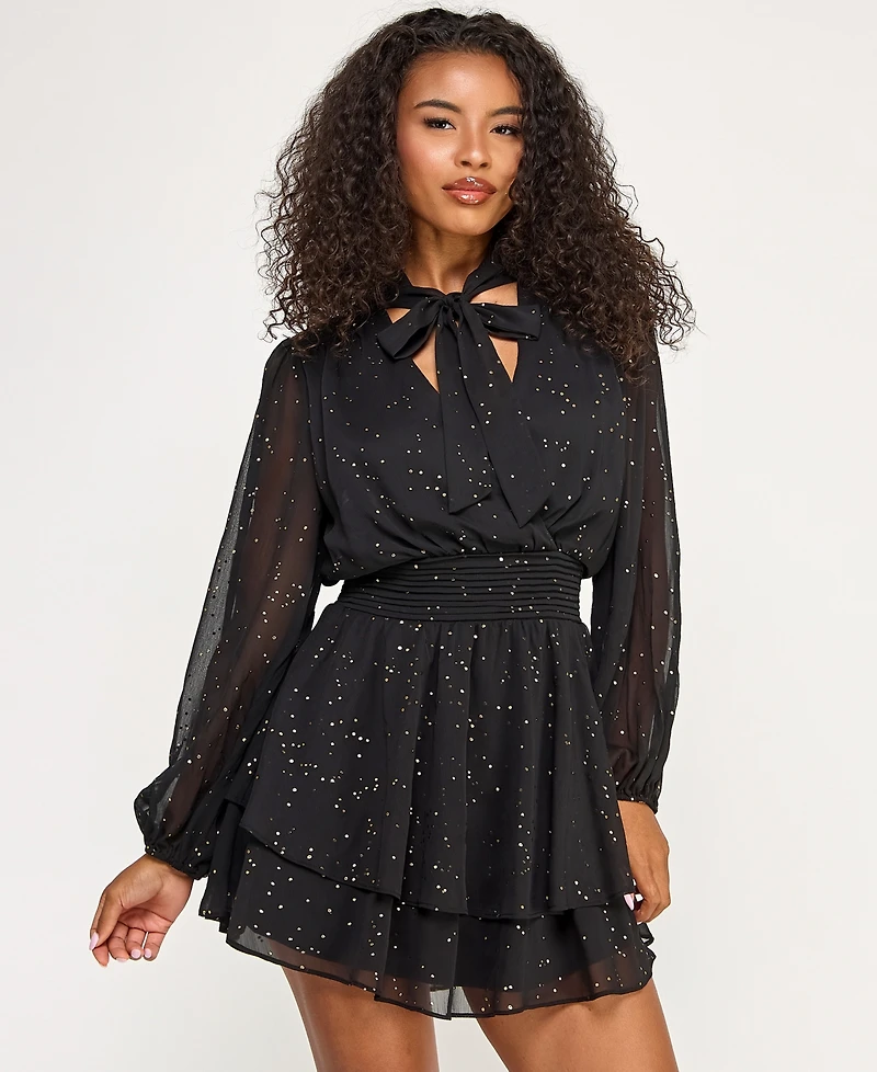 City Studios Juniors' Long Sleeve Foil Dot Tie Dress