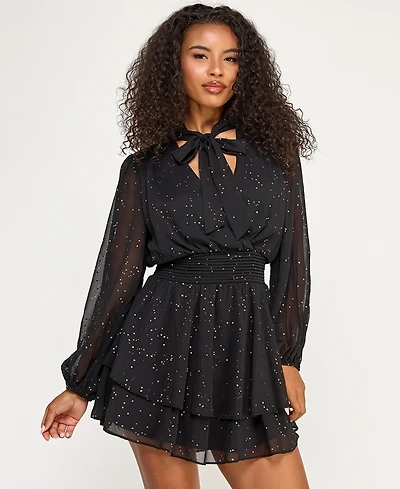 City Studios Juniors' Long Sleeve Foil Dot Tie Dress