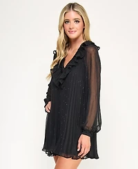 City Studios Juniors' Pleated Clip Dot Long Sleeve Dress