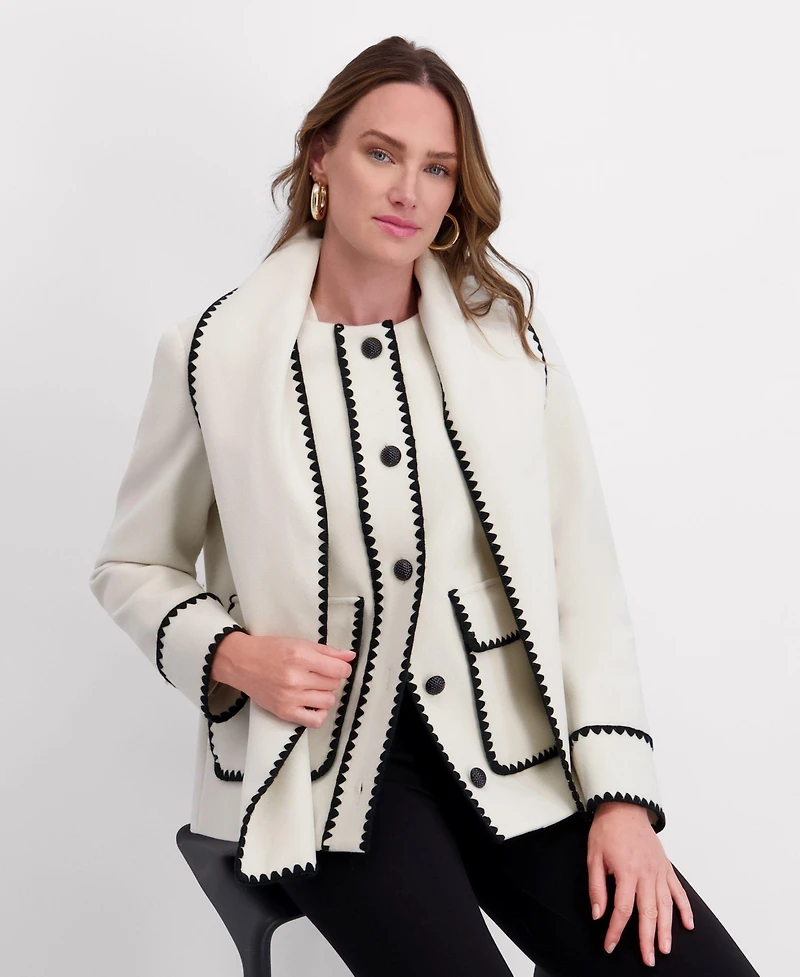 Kensie Women's Scarf Collar Faux Wool Jacket with Whipstitch Detail
