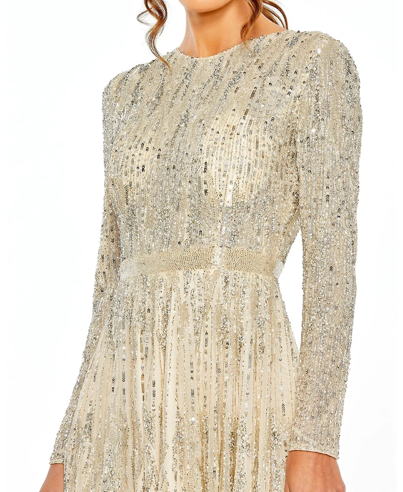 Mac Duggal Women's High Neck Long Sleeve A Line Dress