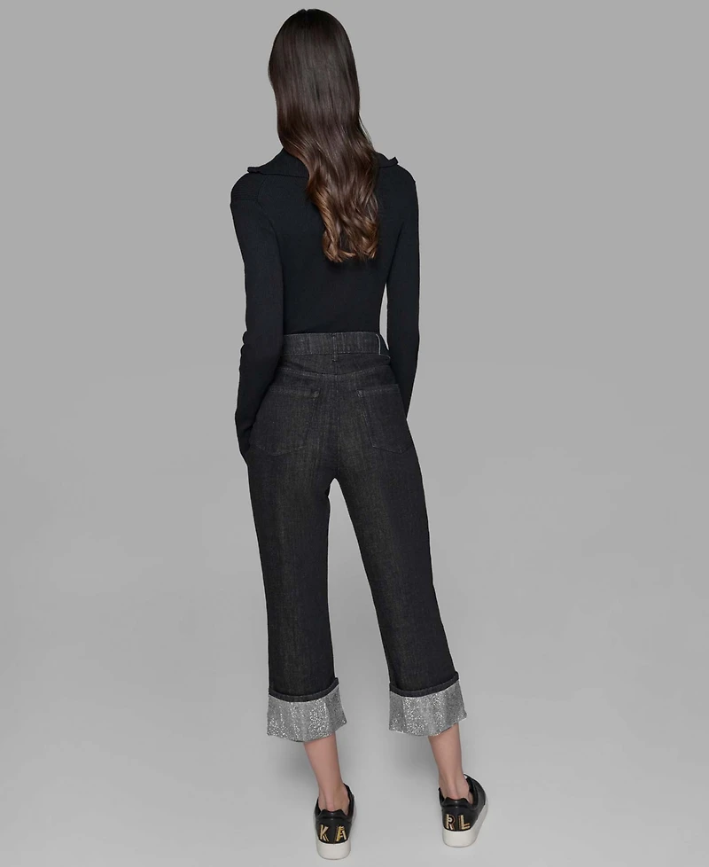 Karl Lagerfeld Paris Petite High-Rise Cuffed-Embellished Jeans