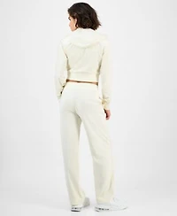 Guess Womens Couture Cropped Velour Hoodie Couture Short Sleeve T Shirt Straight Leg Velour Pants