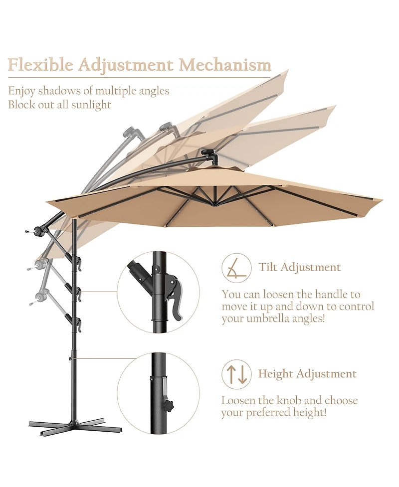 Costway 10' Hanging Solar Led Umbrella Patio Sun Shade Offset Market With Base