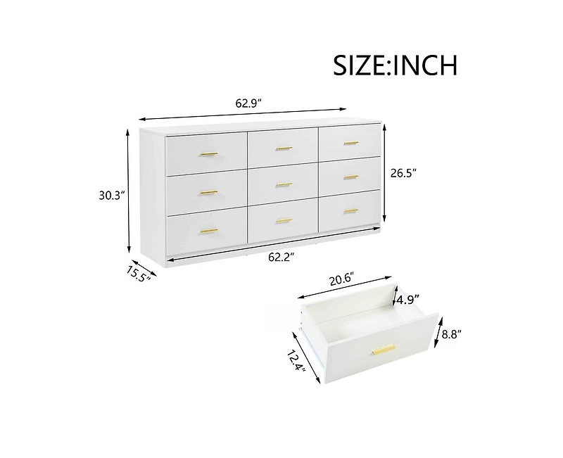 Casainc Modern 9-Drawer Storage Cabinet Dresser Wide Chest of Drawers