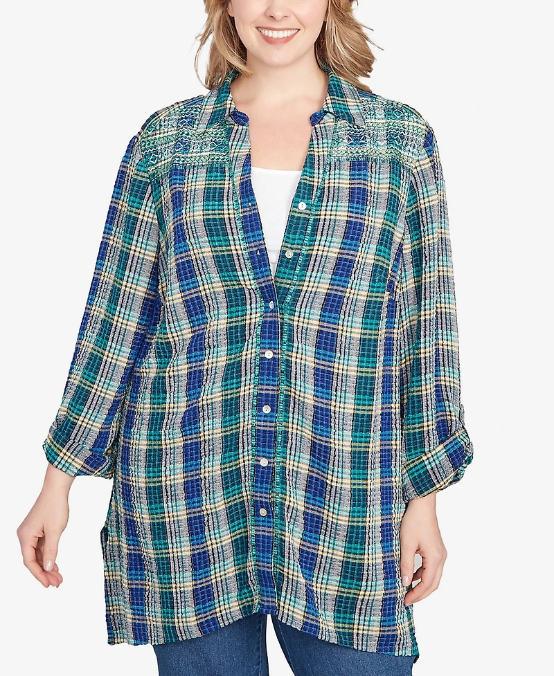 Ruby Rd. Plus Embroidered Plaid Button Down Top