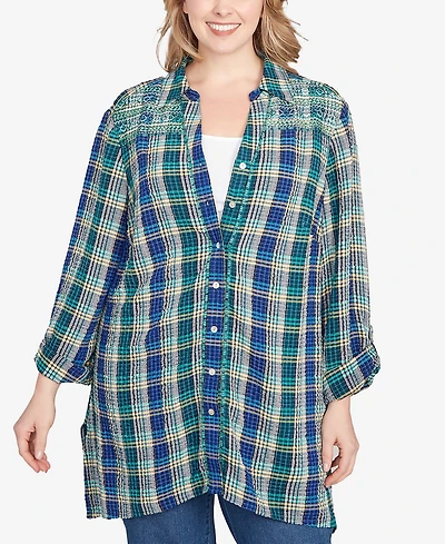 Ruby Rd. Plus Embroidered Plaid Button Down Top