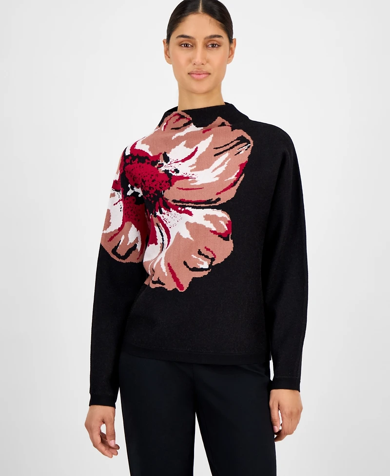 T Tahari Women's Floral Funnel-Neck Long-Sleeve Sweater