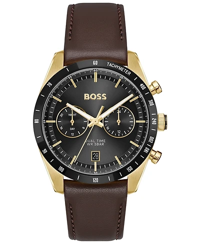 Hugo Boss Men's Tourmaster Quartz Multifunction Brown Calfskin Watch, 41mm