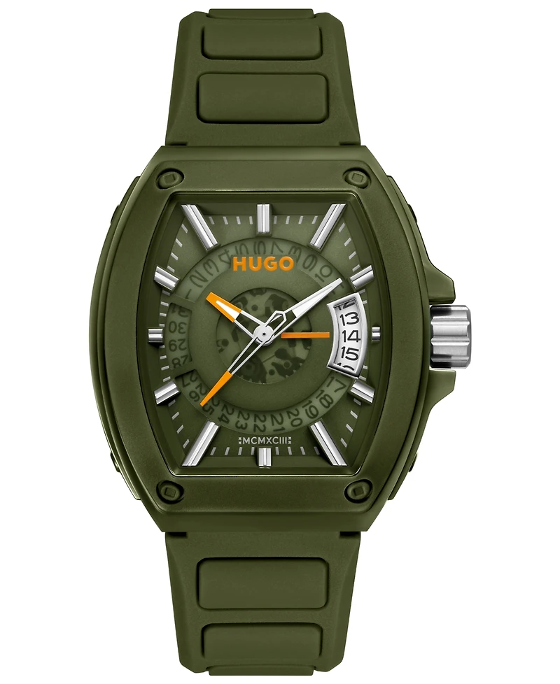 Hugo Boss Men's Hugo Id Quartz Basic Calendar Green Silicone Watch, 40.70mm