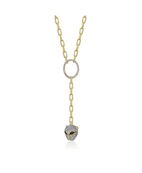 Rachel Glauber 14k Gold Plated with Green Cubic Zirconia Eyes Cat Head Link Chain Necklace