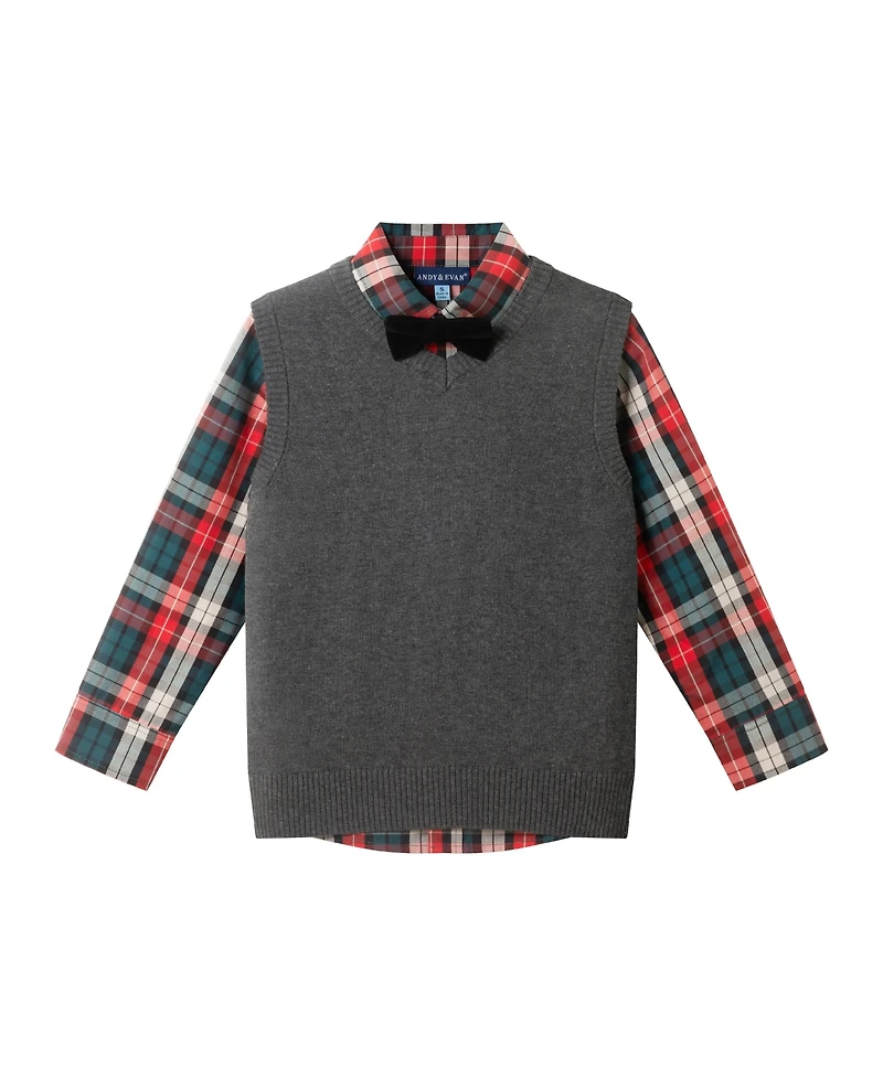 Andy & Evan Toddler Boys Toddler/Child Grey Sweater Vest, Green Plaid Buttondown Black Twill Pant Set