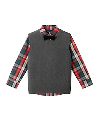 Andy & Evan Toddler Boys Toddler/Child Grey Sweater Vest, Green Plaid Buttondown Black Twill Pant Set