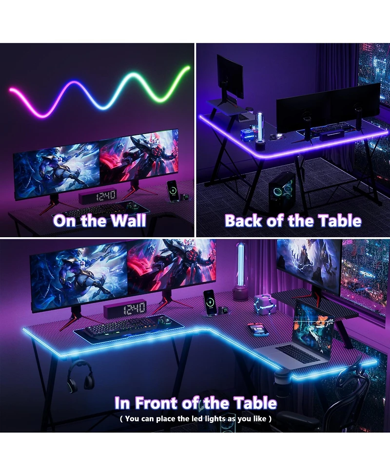 Mr Ironstone L Shaped Gaming Desk with Led Lights Corner Computer Desk with Carbon Fiber Surface, L shaped desk, Home Office Desks Writing Workstation