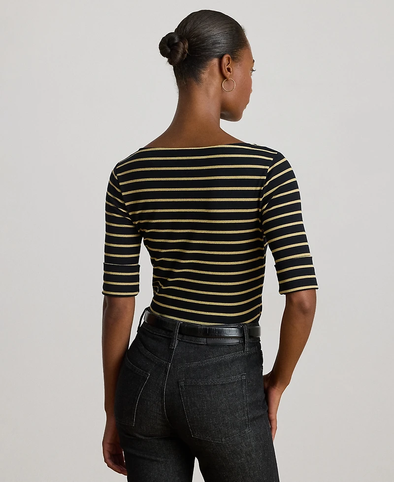 Lauren Ralph Petite Metallic Striped Boat Neck T-Shirt