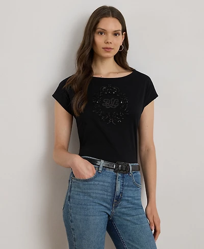 Lauren Ralph Lauren Petite Sequin Crest Jersey T-Shirt