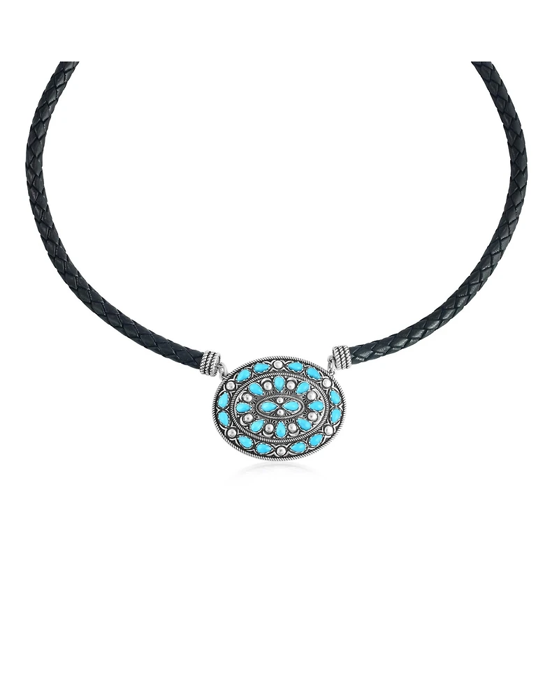 American West Jewelry Sterling Silver Kingman Turquoise Oval Pendant Black Leather Necklace, 17 to 20 Inches