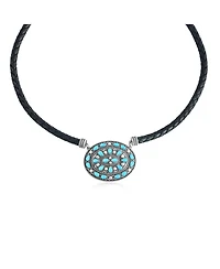 American West Jewelry Sterling Silver Kingman Turquoise Oval Pendant Black Leather Necklace, 17 to 20 Inches