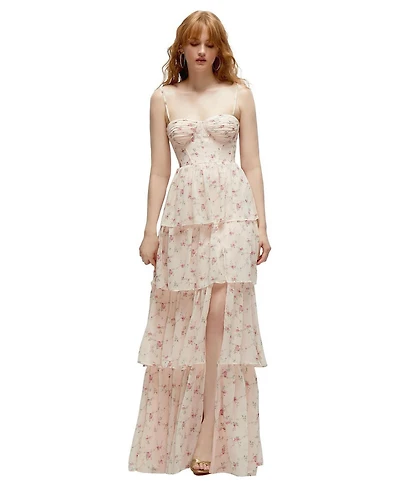 Bustier-Style Chiffon Tiered Ruffle Maxi Dress with Adjustable Straps