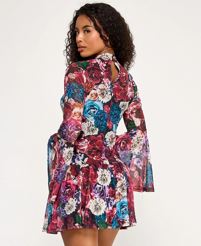 Seni & Cade Juniors' Long Sleeve Printed Mesh Drop Waist Dress