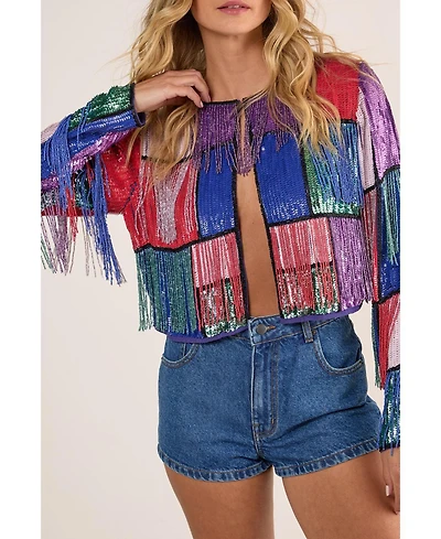 Nasty Gal Women's Colour Block Check Tassel Sequin Jacket