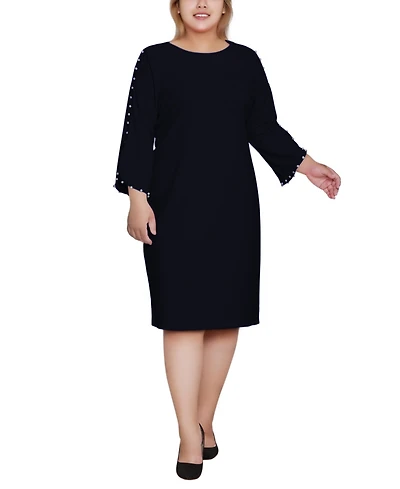 Ny Collection Plus 3/4 Cultivated Pearl-Detail Petal Sleeve Dress