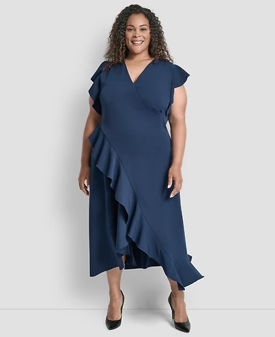 Dkny Plus V-Neck Ruffle Sleeve Midi Dress