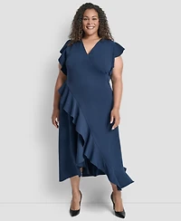 Dkny Plus V-Neck Ruffle Sleeve Midi Dress