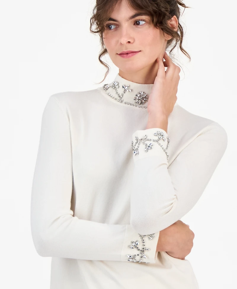 Anne Klein Women's Embellished Rhinestone-Detail Turtleneck Sweater