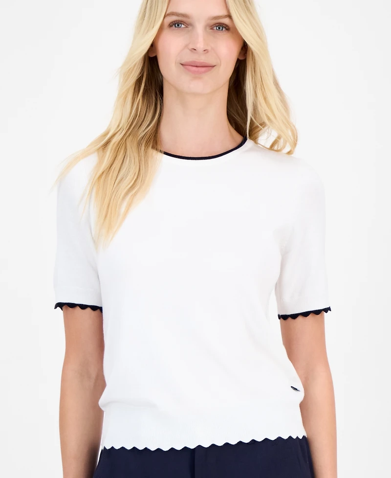 Nautica Jeans Women's Scallop-Trim Short Sleeve Crewneck Sweater