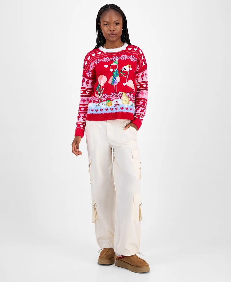 Hooked Up by Iot Juniors' Festive Flamingo Pullover Sweater