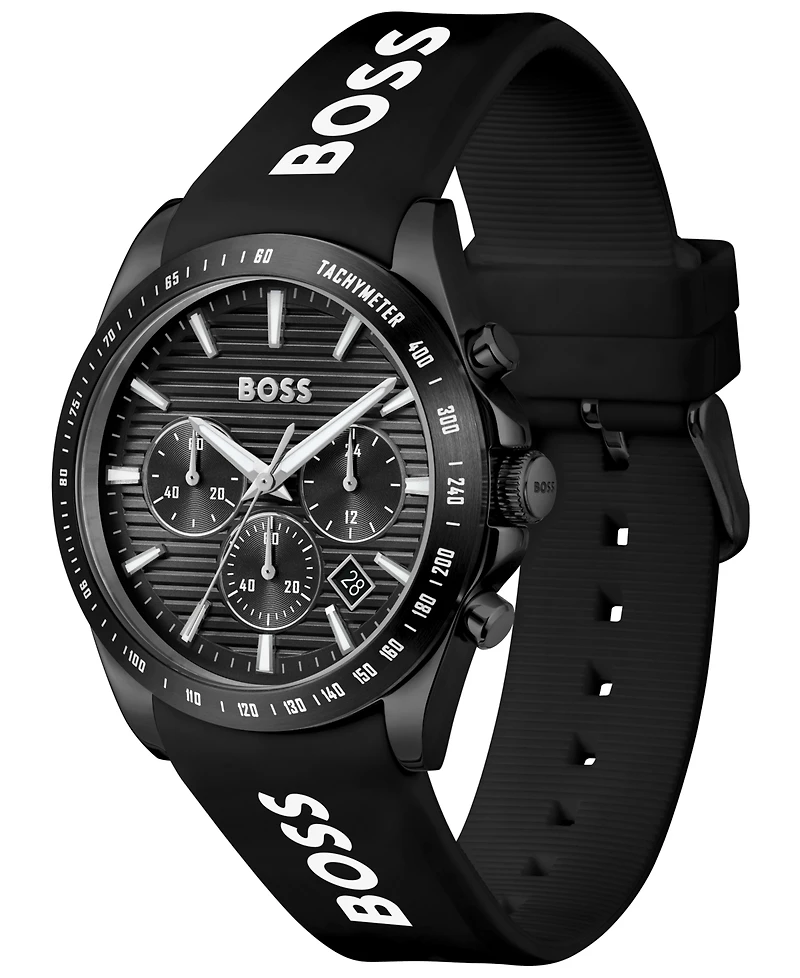 Hugo Boss Men's Strike Quartz Fashion Chrono Black Silicone Watch, 41mm