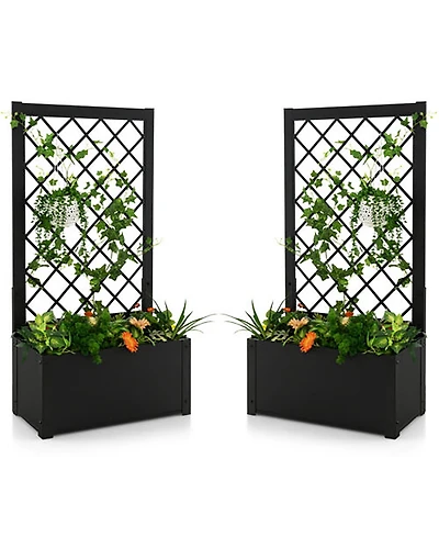 Gymax 2 Pcs Raised Garden Bed with Trellis Metal Planter Box for Climbing Plants