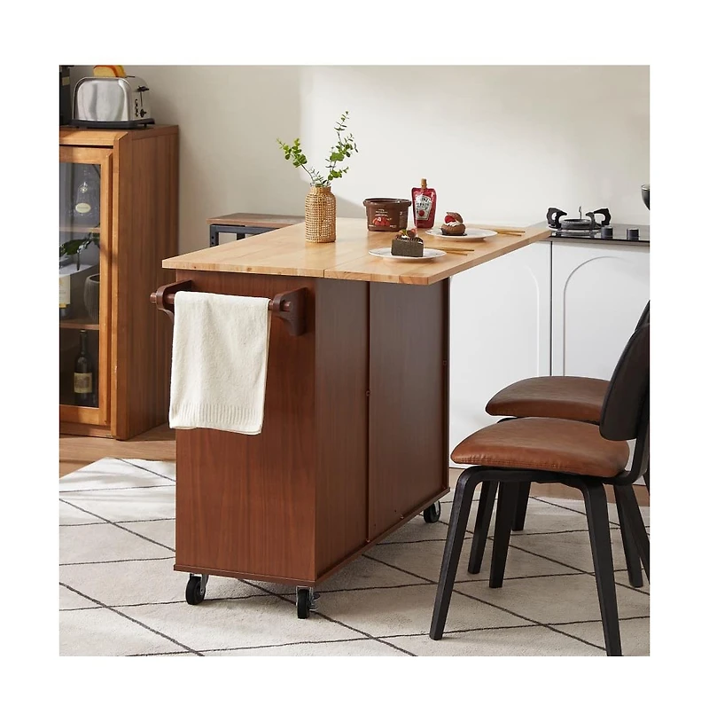 Maison Boucle 53.8" Rolling Kitchen Island with Drop Leaf, Storage Cabinet, 3 Drawers & Wood Top, Mobile Cart on Wheels