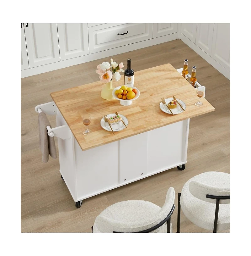 Maison Boucle 53.8" Rolling Kitchen Island with Drop Leaf, Storage Cabinet, 3 Drawers & Wood Top, Mobile Kitchen Cart on Wheels