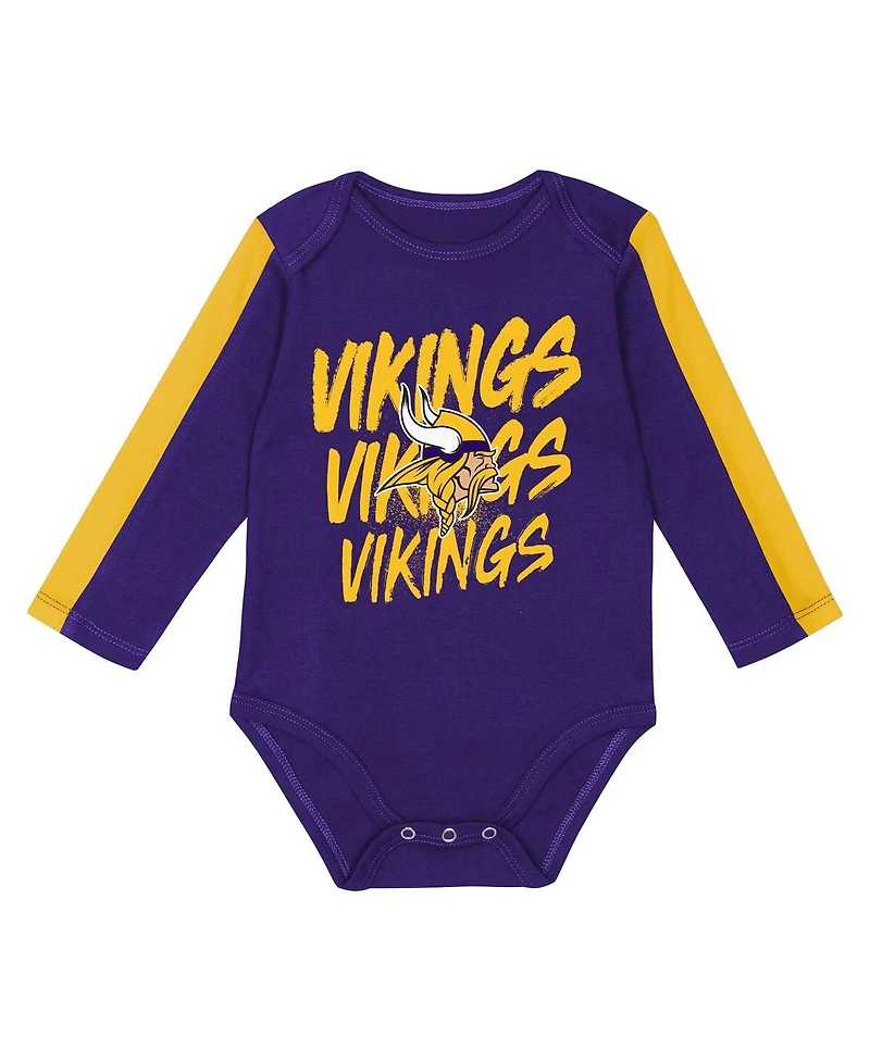 Outerstuff Baby Boys and Girls 3-Piece Purple/Gold Minnesota Vikings Double Down Creeper Pants Set