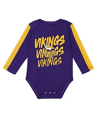 Outerstuff Baby Boys and Girls 3-Piece Purple/Gold Minnesota Vikings Double Down Creeper Pants Set