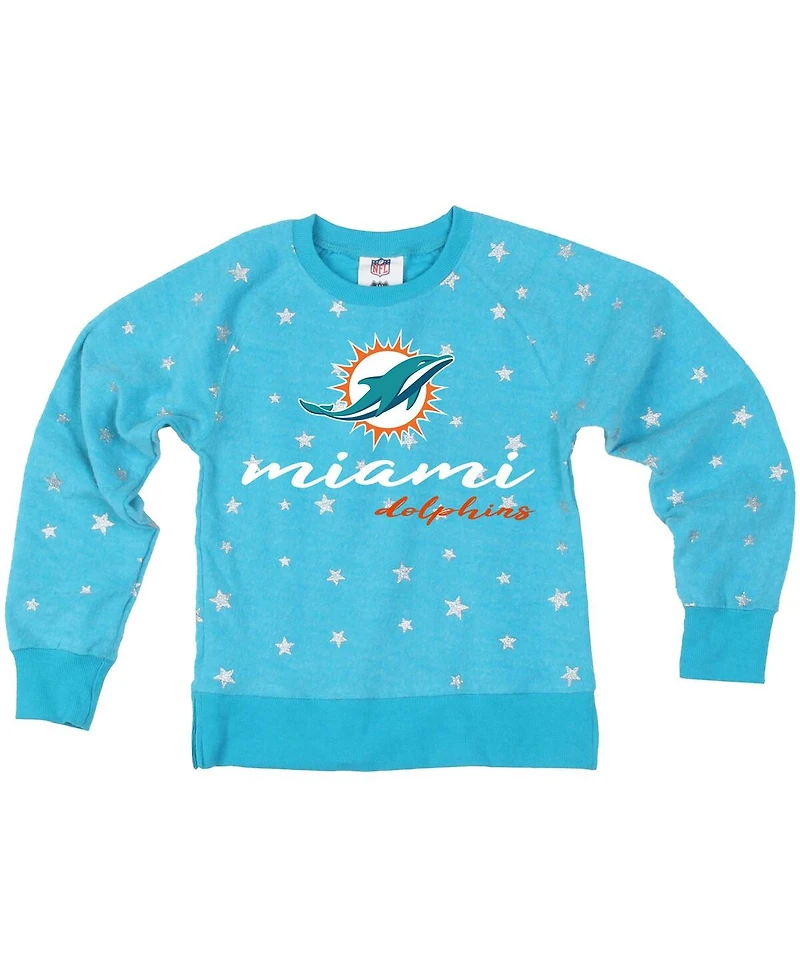 Wes & Willy Big Girls Aqua Miami Dolphins Shimmer Star Reverse Fleece Pullover Sweatshirt