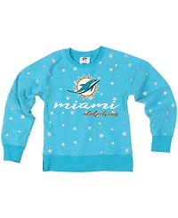 Wes & Willy Big Girls Aqua Miami Dolphins Shimmer Star Reverse Fleece Pullover Sweatshirt