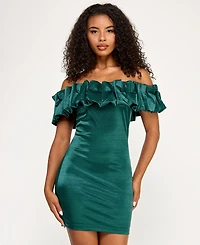 City Studios Juniors' Ruffled-Off-The-Shoulder Bodycon Shimmer Dress