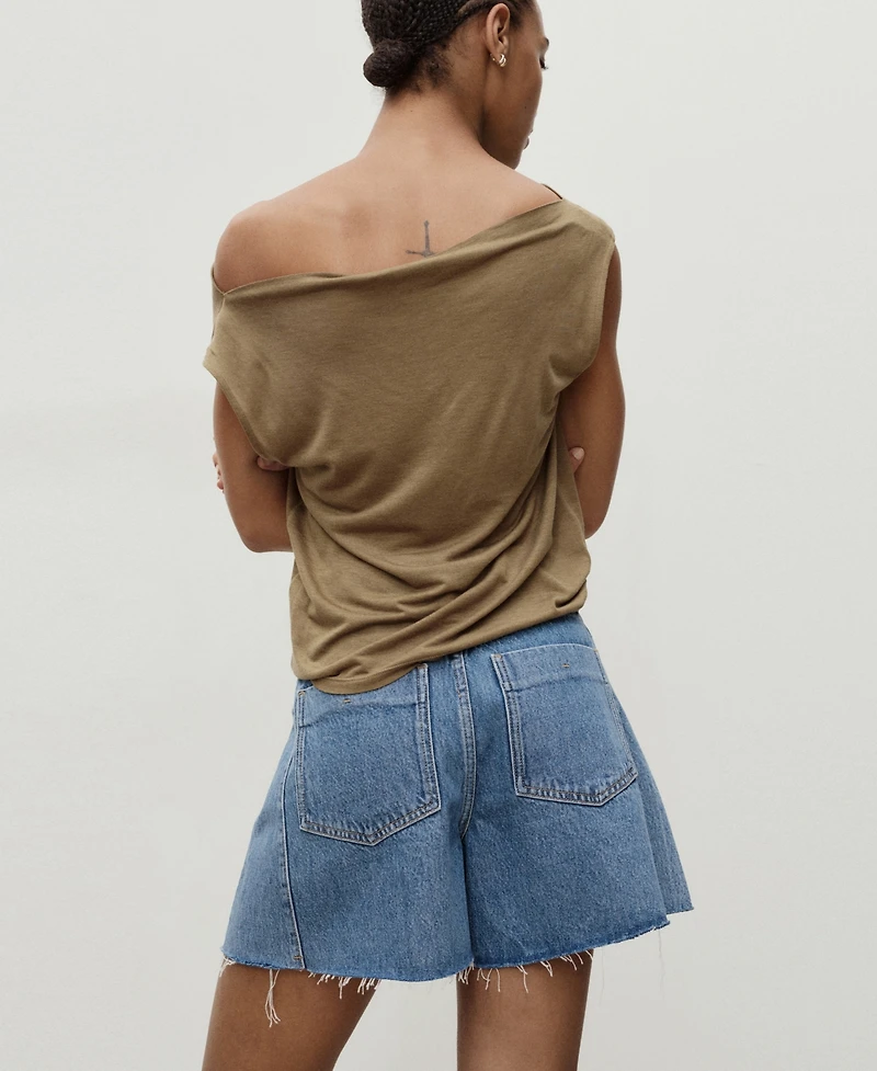 Mango Women's Frayed Hem and Pleats Denim Shorts