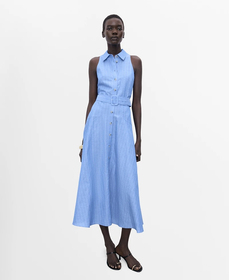 Mango Women's Striped Linen-Blend Shirt-Style Dress