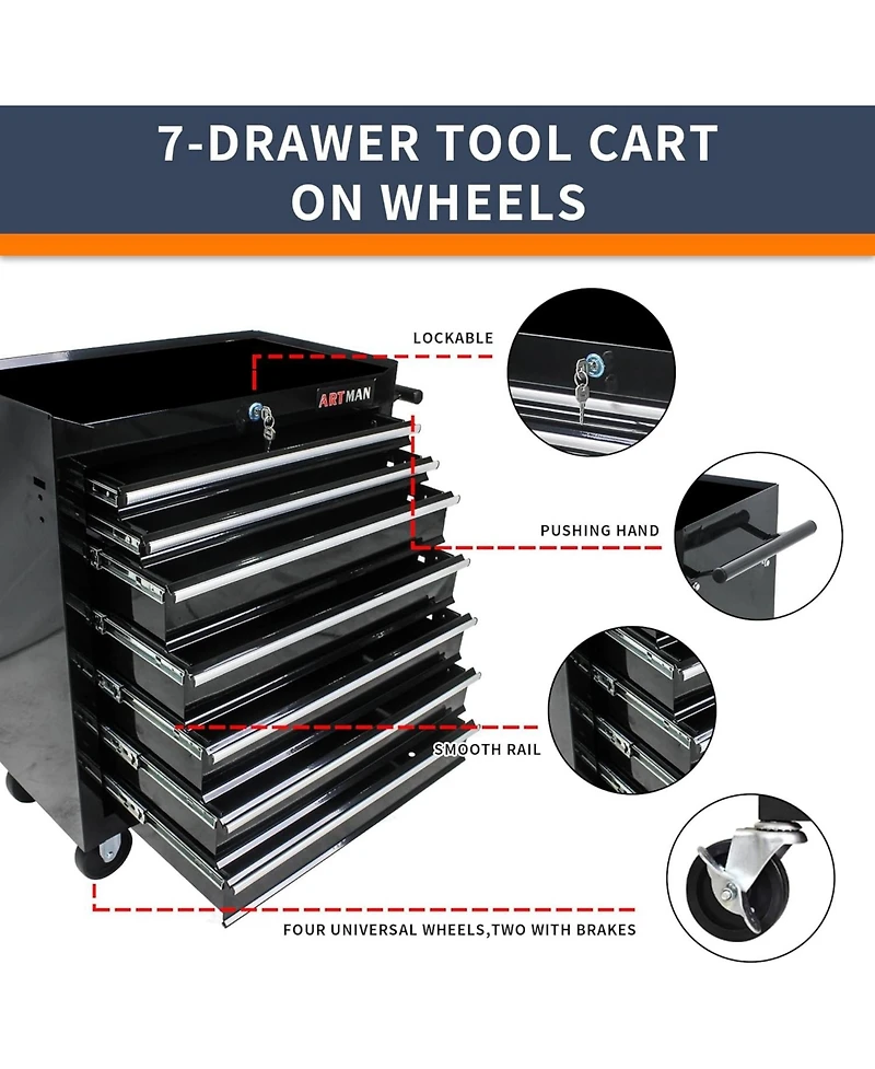 Flynama Black 7-Drawer Industrial Tool Cart with Locking Wheels and Ball Bearing Slides