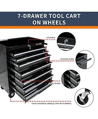 Flynama Black 7-Drawer Industrial Tool Cart with Locking Wheels and Ball Bearing Slides