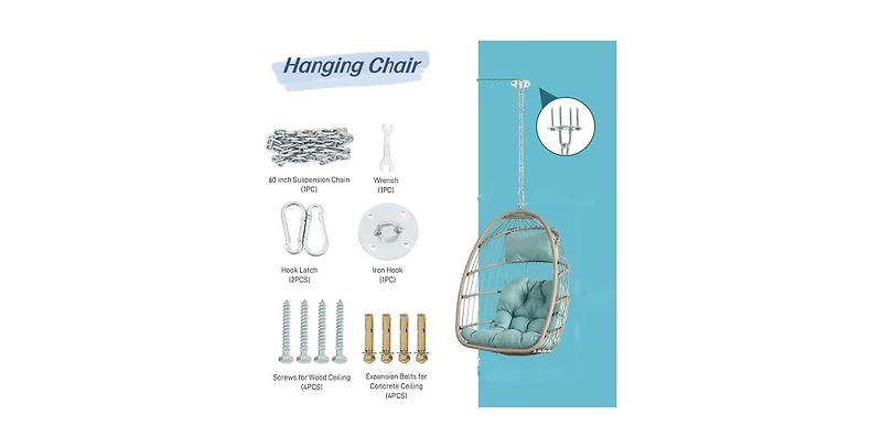 Flynama 55 Inch Outdoor Rattan Egg Swing Chair with Light Gray Cushion