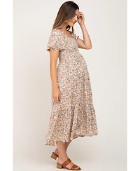 Pinkblush Maternity Taupe Floral Smocked Puff Sleeve Midi Dress